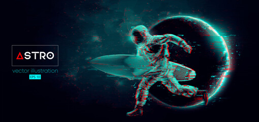 Abstract silhouette of a surfer, astronaut in space action and Earth, Mars, planets on the background of the space. Vector 3d render illustration © Yevheniia