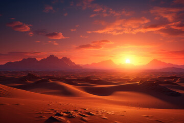 A serene sunset over the Sahara Desert, casting warm hues on the endless dunes and creating a tranquil desert landscape. Concept of tranquil desert evenings. Generative Ai.