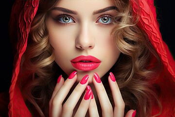 manicure crimson showing girl Beautiful make-up nail cosmetic jewellery pink woman lip polish fingertip fingernail lipstick finger style hand beauty parlour bright caucasian accessory clean closeup - obrazy, fototapety, plakaty