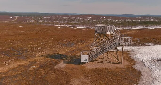 Aerial view of the new triangulation tower on the Kaunisp&auml;&auml; fell in spring, Saariselk&auml;, Lapland, Finland.