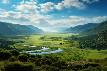 The Ngorongoro Crater, a natural amphitheater teeming with diverse flora and fauna, illustrating the ecological harmony of African landscapes. Concept of natural abundance. Generative Ai.