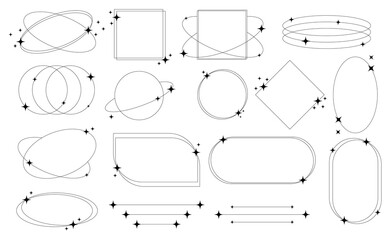 Fototapeta premium Set of geometric aesthetic abstract line frames and shapes with stars boho, brutalism, Y2K style. Geometric elements with sparkles for template design social media, poster, banner, logo, stickers