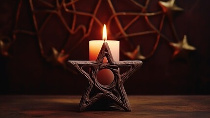 Beautiful pentagram candle holder with copyspace for text for magical rituals using a love potion - obrazy, fototapety, plakaty