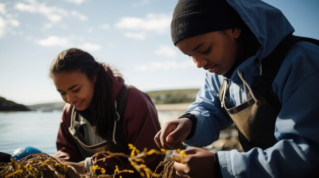 Teenagers learning to harvest seaweed as part of an educational marine conservation program
