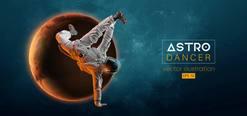 Abstract silhouette of a young hip-hop dancer, brake dancing man astronaut in space action and Earth, Mars, planets on the background of the space. Vector 3d render illustration © Yevheniia