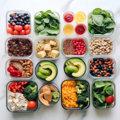 Healthy food in glass containers, top view