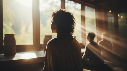 Transgender woman teaching a yoga class, a serene studio setting with soft morning light