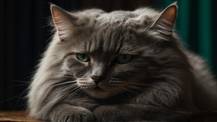 A Fluffy Grey Cat with Intense Green Eyes on a Dark Background
