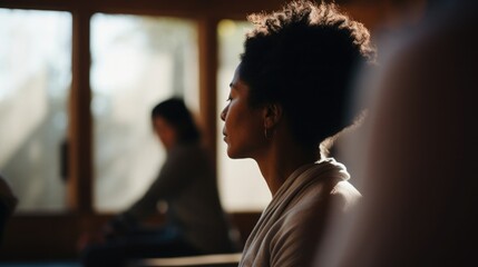 Transgender woman teaching a yoga class, a serene studio setting with soft morning light