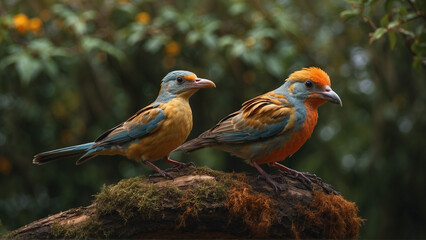 A Pair of Colorful Birds in a Forest Setting