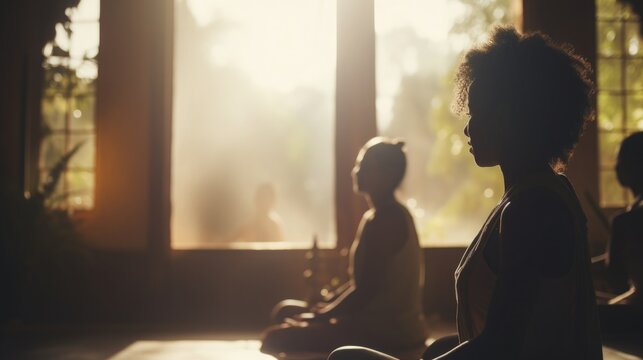 Transgender woman teaching a yoga class, a serene studio setting with soft morning light