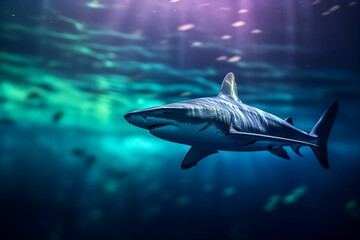 Fototapeta premium A shark swimming in an icy ocean under the northern lights