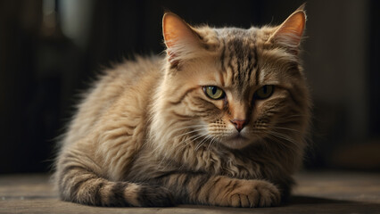 A Fluffy Tabby Cat Relaxing on the Floor with Soft Lighting