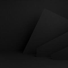 Modern dark black stage mockup with abstract geometric pattern of corners, edges and triangles as...