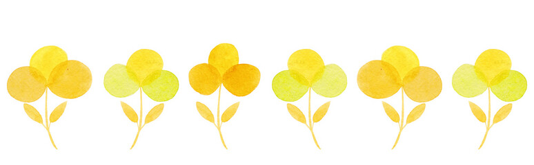 Silhouettes of yellow flowers in watercolor. Abstract floral border