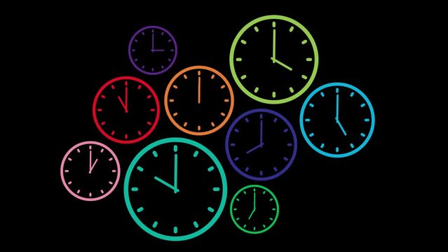 Many Multicolored Clocks with Hands Rotating