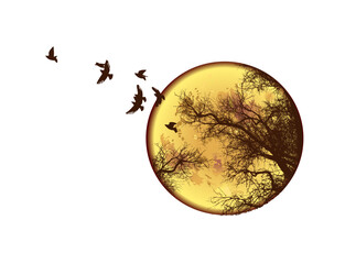 Abstraction moon and a flock of birds. hand drawing. Not AI. Vector illustration