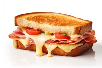 Crispy toasted sandwich with ham, melted cheese, tomato isolated on white background. Street food.