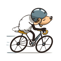 Sheep riding a bycycle. Doodle simple colorful illustration. Vector. Funny animal character on white background.