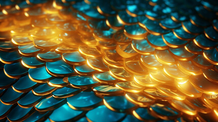 Dynamic neon light design with a cascade of turquoise and gold fish scales on an aquatic 3D surface