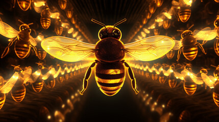 Luminous neon light design with a cascade of yellow and black bees on a honeybee 3D texture