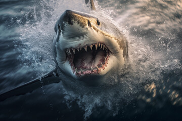 A stunning image of a great white shark hunting for prey amidst turbulent water