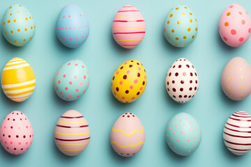 Colorful decorated Easter eggs on blue background. Flat-lay, view from above. Holiday concept.