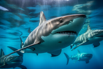 Fototapeta premium An impressive shot of gray sharks working in coordination in an impressive team hunt