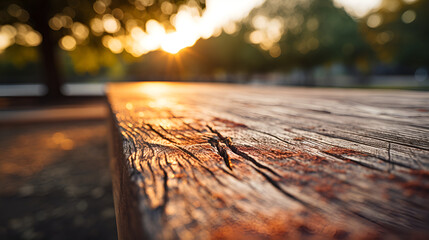 wooden floor with beautiful bokeh, Empty Wooden Table with Blurred Pine Trees Forest and Sun Light Shaft Bokeh Background at Dawn or Dusk, Empty wooden table, summer time, blurred backyard garden ba

