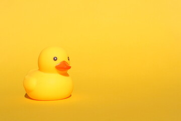  A yellow rubber duck stands on a yellow background.