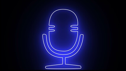 Microphone simple icon. Flat design. blue neon on black background with blue light. Microphone icon in neon style. podcast neon logo, neon line microphone icon.