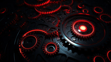 Luminous neon light design with a pattern of red and silver gears on a mechanical 3D texture