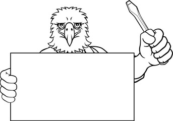An eagle electrician handyman or other construction cartoon mascot man holding a screwdriver tool.