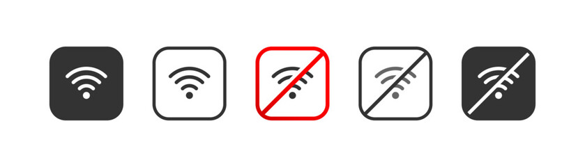 No wi fi icon in red square, wi fi zone. Wireless internet signal symbol, Outline flat and colored vector illustration. - obrazy, fototapety, plakaty