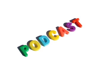 The word "podcast" is written in bright multi-colored letters on a white background.