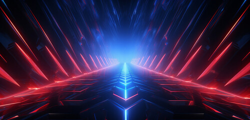 Luminous neon light design with an array of blue and red arrows on a directional 3D texture
