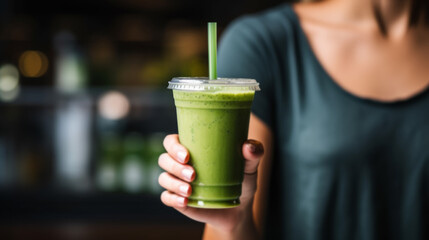 Young Woman Drinking Green Juice For Cleanse Diet