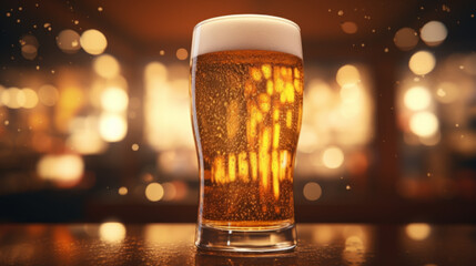 Glass of chilled beer on table and blurred bar background. Glass of beer in a pub close-up.