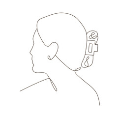 Line art close up of woman's head turned away with hair claw clip. Fashionable beautiful relax hairstyle. Solitude side view.