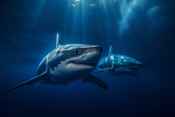 An impressive image of a majestic Mako Sharks meeting in the dark deep sea
