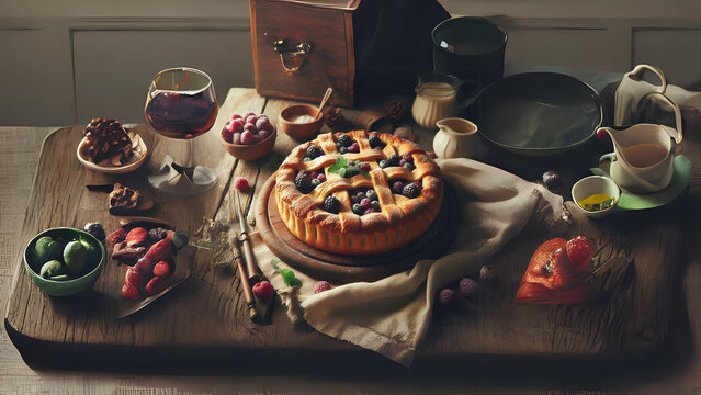 a pie sitting on top of a wooden table, a stock photo  Menges, trending on shutterstock, neoplasticism, stockphoto, stock photo, photo taken with ektachrome