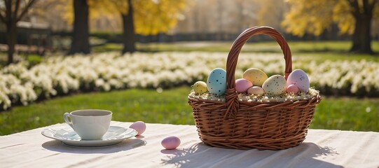 Colorful Easter egg basket on the table outdoors with beautiful spring background, copy space. Beautiful Easter background concept.