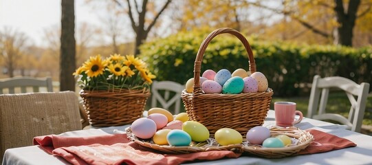 Fototapeta premium Colorful Easter egg basket on the table outdoors with beautiful spring background, copy space. Beautiful Easter background concept.
