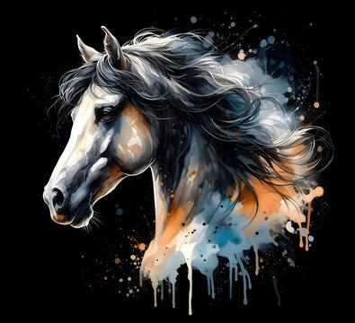 Horse head. Portrait. Watercolor paint. Isolated illustration on a black background. Banner. Close-up. Generative AI