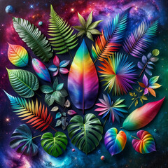 Collection of tropical leaves, foliage plant in diferent colors with space background