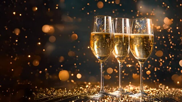 Champagne For Festive Cheers With Gold Sparkling Bokeh Background. Glasses Of Sparkling Wine In Front Of Tender Bright Gold Bokeh. Horizontal Background For Celebrations And Invitation Cards Space Spa