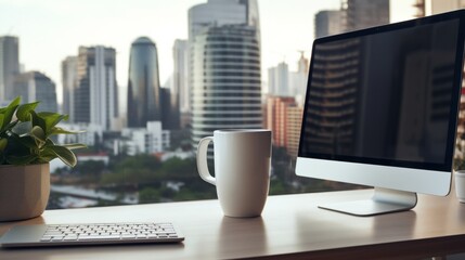 a cup of coffee on the table with a computer in front of a window with a building view