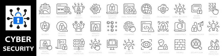 Cyber security icon set. Computer and internet security symbols icons. Data protection, computer security, secure, security, password, privacy, hacker and more. Vector illustration. - obrazy, fototapety, plakaty