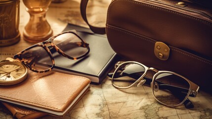 a passport, map, sunglasses, and a travel journal on the table to convey the idea of travel