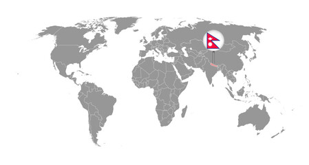 Pin map with Nepal flag on world map. Vector illustration.